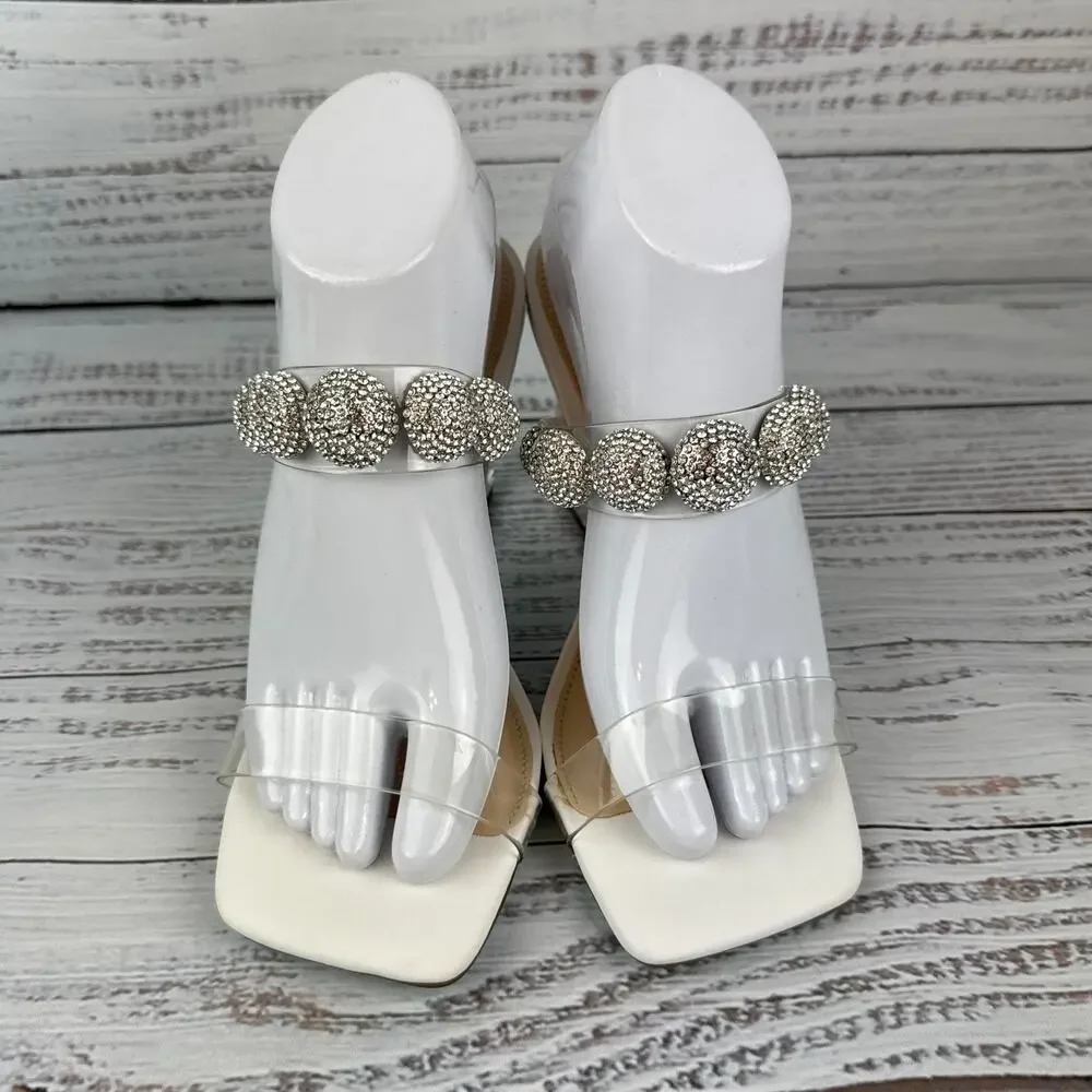 Betsey Johnson Troy Womens 8.5 Wedge Sandals Ivory Clear Rhinestone
